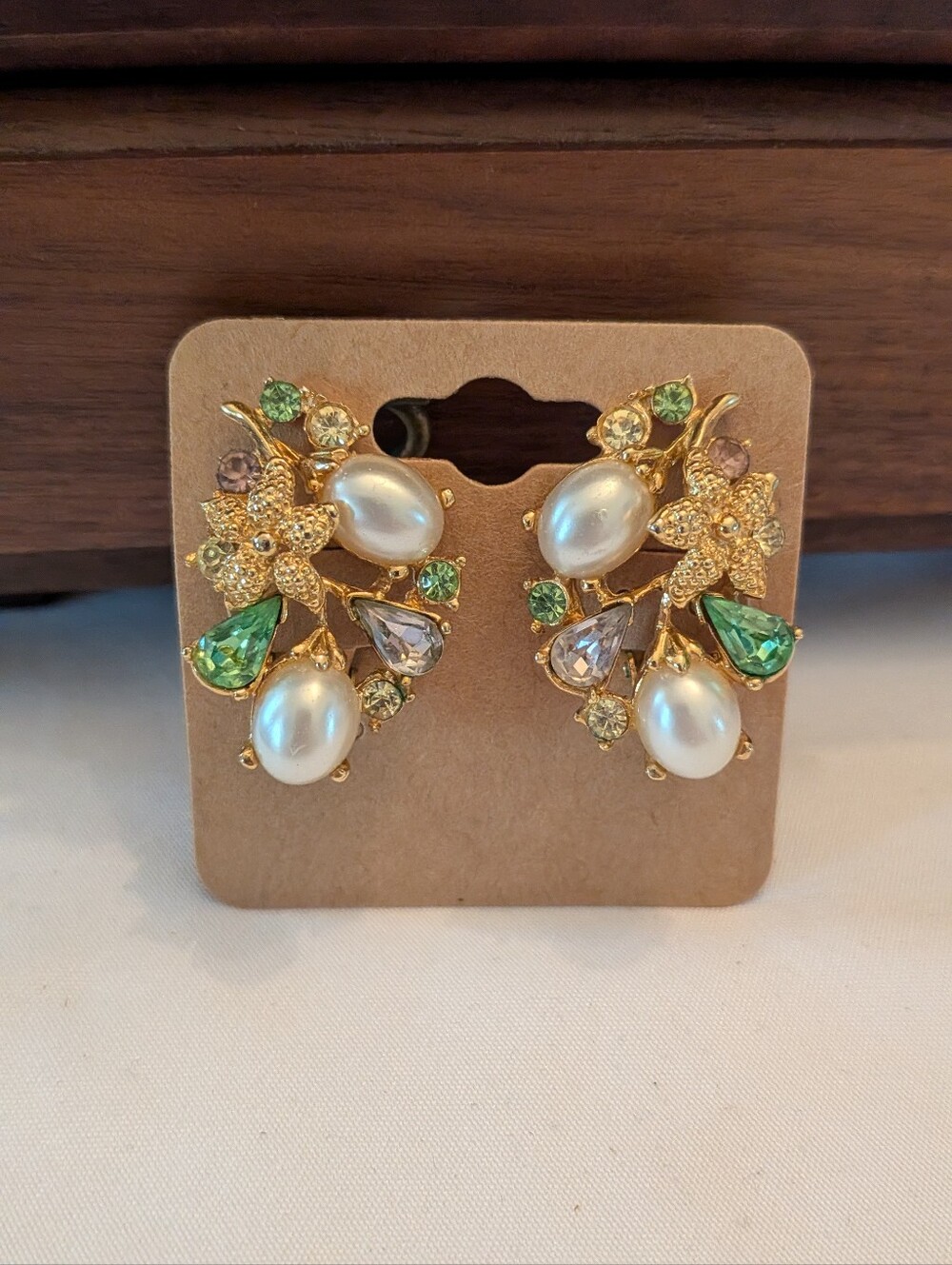 Gold Pearl & Green Crystal Floral Clip-On Earrings